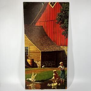 Vintage Paul Detlefsen Litho Print Memories Barn Farm Pond Kids 12x24”